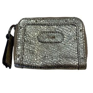 Chloe Metallic Crackle Leather Zip Coin Purse Pouch Gold Tone Hardware